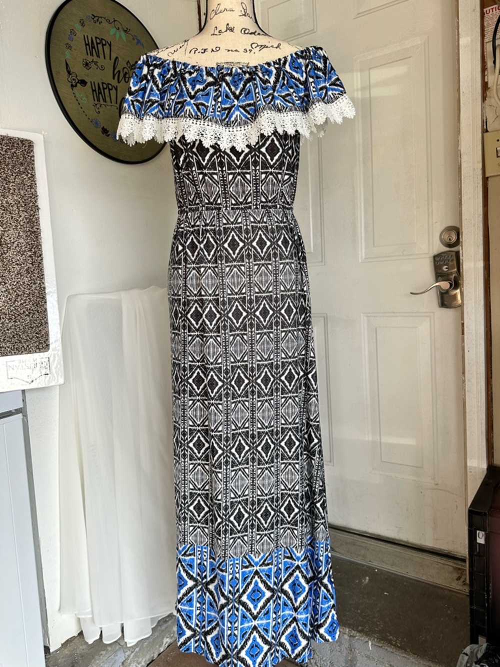 Off-Shoulder Blue & Black Tribal Print Maxi Dress with Lace Trim